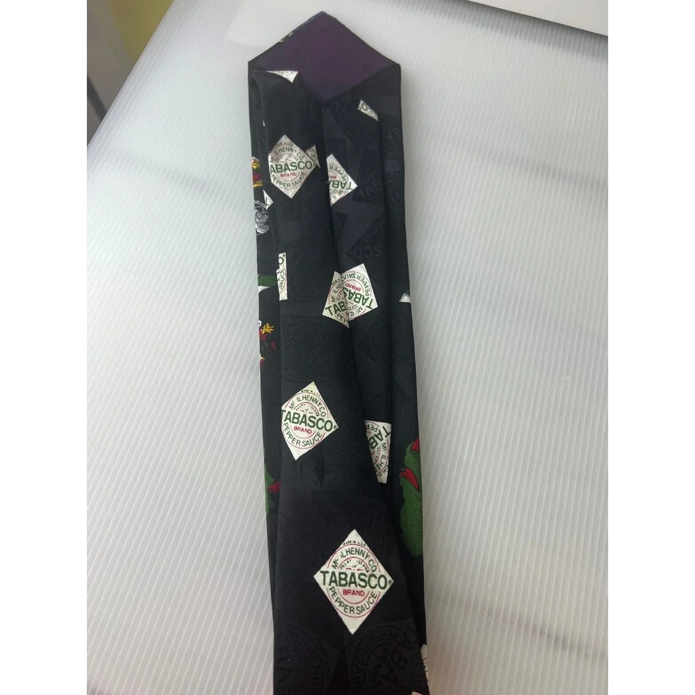 Tabasco Mens Silk Necktie‎ Black Novelty BBQ Grilling Hot Sauce Logo Print Tie